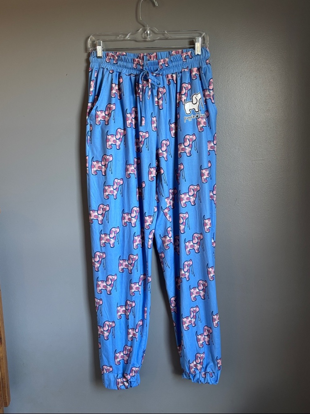 Puppie Love blue lounge pants / pajama pants sz L turtle puppies